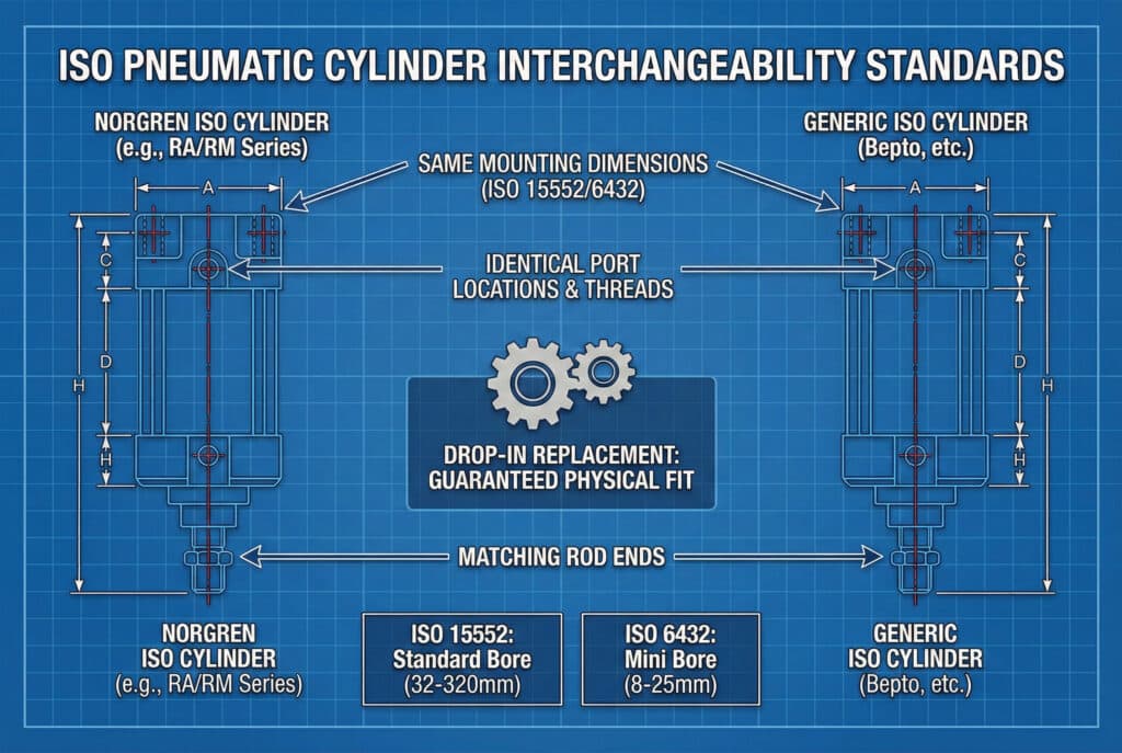 อินโฟกราฟิกแบบพิมพ์เขียวทางเทคนิคที่แสดงมาตรฐานการเปลี่ยนทดแทนกระบอกลม ISO โดยเปรียบเทียบกระบอกลม Norgren ISO กับกระบอกลม ISO ทั่วไป เน้นที่ขนาดการติดตั้ง ตำแหน่งพอร์ต และปลายก้านที่เหมือนกันทั้งหมด โดยเน้นว่า 'สามารถเปลี่ยนทดแทนได้ทันที: รับประกันความพอดีทางกายภาพ' สำหรับมาตรฐาน ISO 15552 (ขนาดรูมาตรฐาน) และ ISO 6432 (ขนาดรูเล็ก).