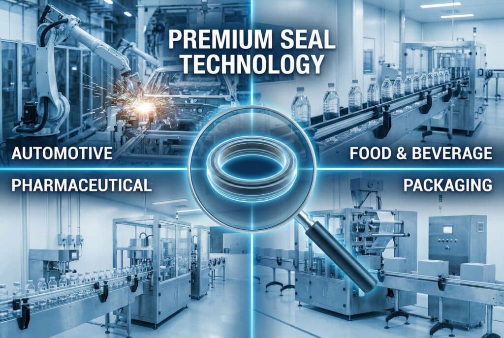ภาพประกอบหลายช่องที่แสดงอุตสาหกรรมหลักสี่ประเภทที่ได้รับประโยชน์จากเทคโนโลยีซีลระดับพรีเมียม: การผลิตรถยนต์, การแปรรูปอาหารและเครื่องดื่ม, การผลิตยา, และการดำเนินงานบรรจุภัณฑ์ กล้องขยายตรงกลางเน้นชิ้นส่วนซีลที่เรืองแสง เชื่อมโยงทั้งสี่ภาคส่วนด้วยข้อความ "เทคโนโลยีซีลระดับพรีเมียม" ที่ด้านบน.