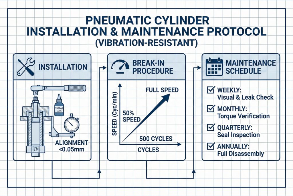 Tehnička infografika u stilu nacrta koja detaljno prikazuje protokol u tri koraka za ugradnju i održavanje pneumatskih cilindara. Lijevi panel prikazuje ugradnju pomoću momentnog ključa, sredstva za zaključavanje navoja i brojčanog indikatora za poravnanje. Srednji panel ilustrira postupak uhodavanja s grafikom koja prikazuje porast brzine tokom ciklusa. Desni panel prikazuje sedmični, mjesečni, tromjesečni i godišnji raspored održavanja.