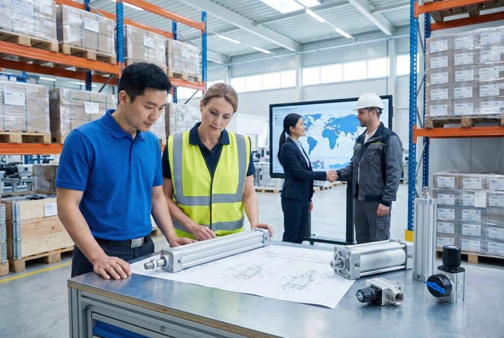 สภาพแวดล้อมในคลังสินค้าที่มืออาชีพทำงานร่วมกัน: ชายชาวเอเชียตะวันออกและหญิงชาวตะวันตกกำลังหารือเกี่ยวกับแบบแปลนกระบอกสูบนิวเมติก ขณะที่ในพื้นหลัง ชายชาวตะวันตกสวมหมวกนิรภัยกำลังจับมือกับหญิงชาวเอเชียตะวันออกในชุดสูทอยู่หน้าจอมอนิเตอร์แผนที่โลจิสติกส์ระดับโลก.