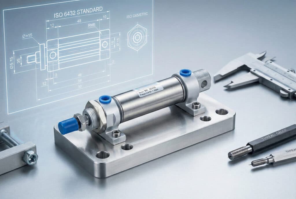 A technical photograph showing a single stainless steel MA series pneumatic cylinder with blue accents securely mounted on a metal base plate. In the background, a glowing digital schematic clearly displays ISO 6432 standard dimensions. Precision engineering tools, including calipers and thread gauges, rest on the metallic workbench surface.