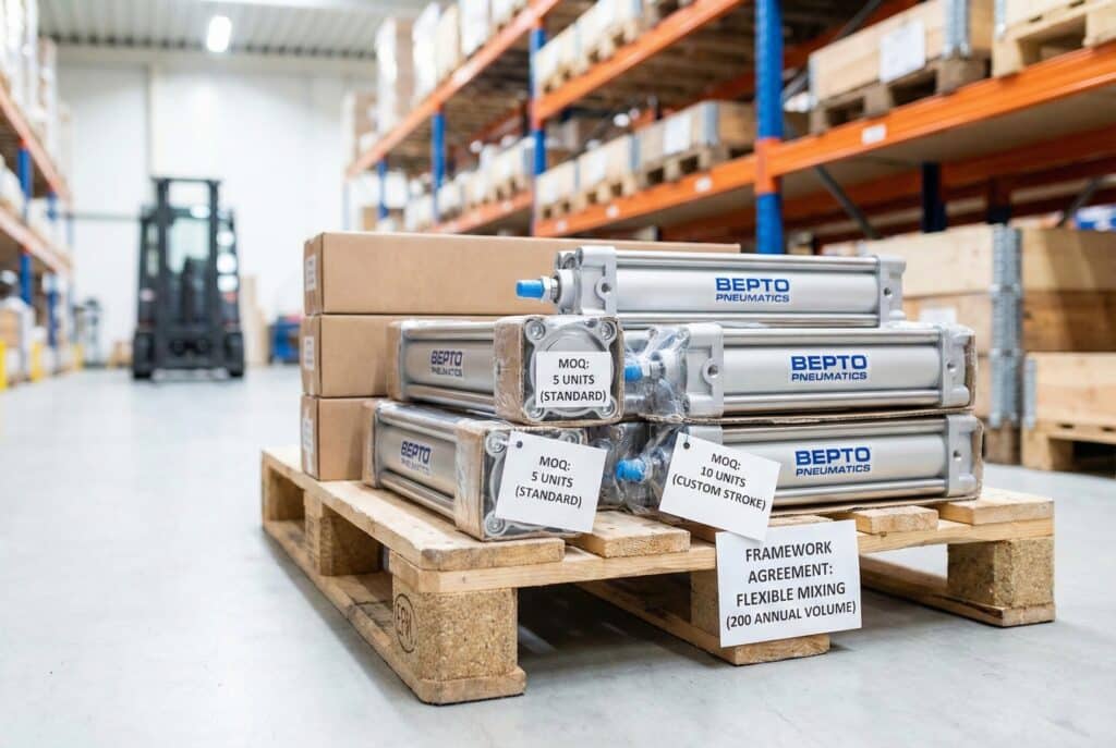 A photograph of a pallet loaded with Bepto Pneumatics rodless cylinders in a warehouse. Labels on the cylinders and pallet clearly indicate different ordering options, including "MOQ: 5 UNITS (STANDARD)", "MOQ: 10 UNITS (CUSTOM STROKE)", and "FRAMEWORK AGREEMENT: FLEXIBLE MIXING (200 ANNUAL VOLUME)".