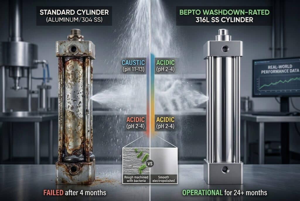 ภาพเปรียบเทียบแบบเคียงข้างกันที่แสดงให้เห็นความแตกต่างของผลกระทบจากสภาพแวดล้อมการล้างทำความสะอาดที่รุนแรง ด้านซ้ายเป็นกระบอกมาตรฐานที่ทำจากอะลูมิเนียมและสแตนเลสสตีล 304 ซึ่งเกิดการกัดกร่อนอย่างหนัก มีรูพรุน และปกคลุมไปด้วยคราบสารเคมีหลังจากใช้งานเป็นเวลา 4 เดือน ป้ายข้อความระบุว่า 'กระบอกมาตรฐาน (อะลูมิเนียม/สแตนเลสสตีล 304)' และ 'ล้มเหลวหลังจาก 4 เดือน'ทางด้านขวา กระบอกสแตนเลส Bepto 316L ที่ยังคงสภาพใหม่เอี่ยมพร้อมผิวเงาเหมือนกระจกและซีลที่สะอาดหลังจากสัมผัสกับสภาพแวดล้อมเดียวกันเป็นเวลา 24 เดือนขึ้นไป ป้ายข้อความระบุว่า 'กระบอกสแตนเลส BEPTO 316L ที่ผ่านการล้างทำความสะอาด' และ 'ใช้งานได้มากกว่า 24 เดือน'หน้าจอแยกแนวตั้งพร้อมกราฟิกซ้อนทับจำลองน้ำร้อนแรงดันสูงและหมอกสารเคมีที่มีป้ายกำกับว่า 'กัดกร่อน (pH 11-13)' และ 'กรด (pH 2-4)' ในลำดับการโจมตี พื้นหลังห้องปฏิบัติการอุตสาหกรรมพร้อมแสงไฟที่เน้นรายละเอียดพื้นผิวของวัสดุ ข้อความถูกต้อง อัตราส่วนภาพ 3:2.