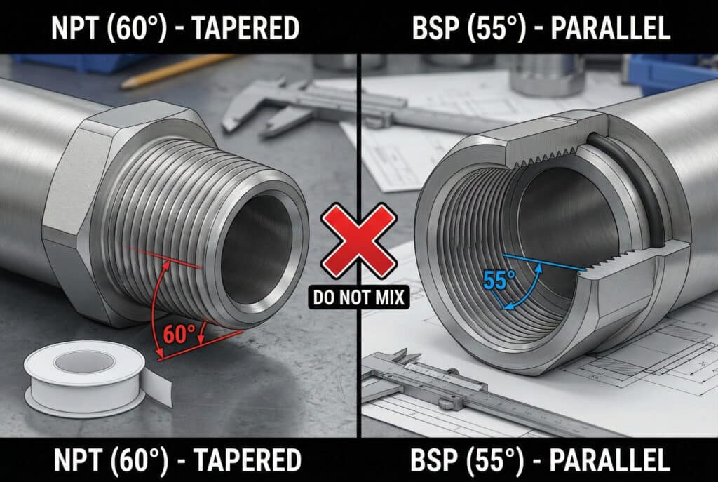 Tehnička ilustracija koja uspoređuje NPT (60°, suženi) i BSP (55°, paralelni) navojni spojevi. Prikazuje poprečne presjeke koji pokazuju razlike u kutu i metode brtvljenja, s velikim crvenim upozorenjem "NE MJEŠATI" u središtu ekrana kako bi se naglasila nekompatibilnost u radionici.