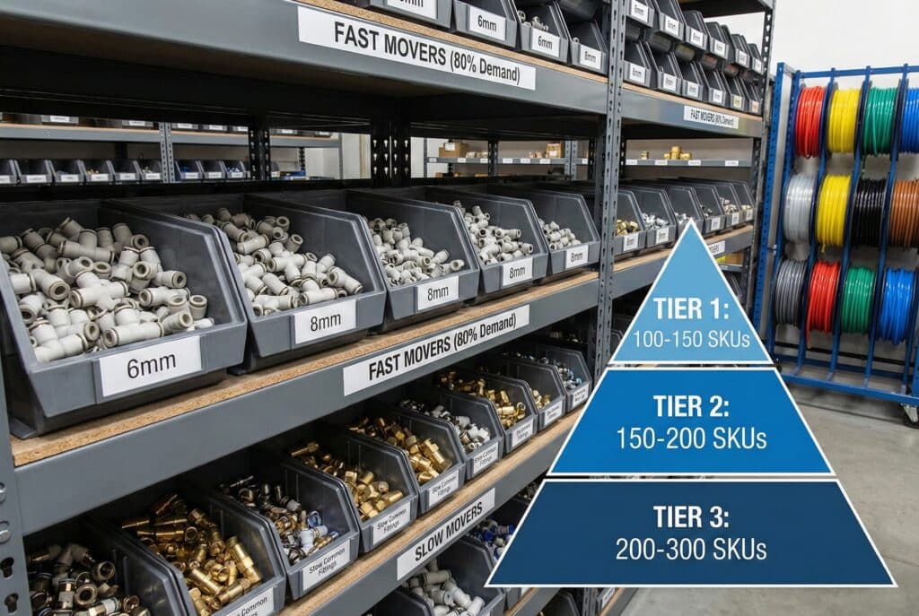 ภาพถ่ายของชั้นวางสินค้าในคลังสินค้าที่จัดเรียงด้วยอุปกรณ์นิวแมติก พร้อมป้ายกำกับสำหรับ 'สินค้าขายดี' และ 'สินค้าขายช้า' อินโฟกราฟิกแบบพีระมิดซ้อนทับแสดงโครงสร้างสินค้าคงคลังสามระดับพร้อมจำนวน SKU ที่สอดคล้องกัน.