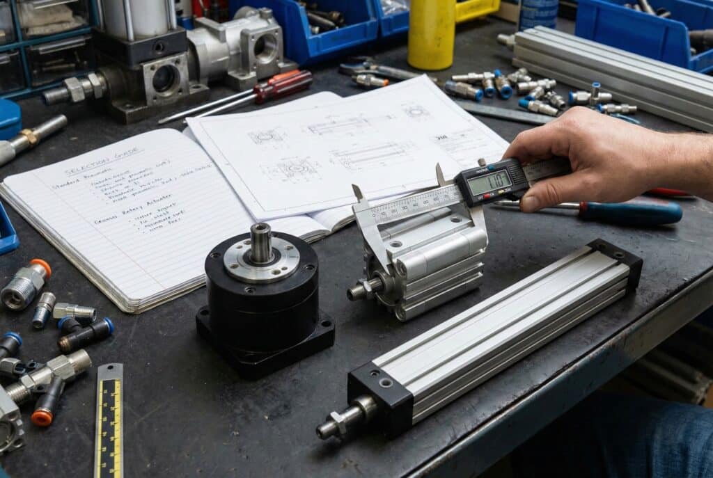 Ruka koristi digitalne mjernaštiva za mjerenje standardnog pneumatskog cilindra na industrijskoj radnoj klupi. Također su prisutni rotacijski aktuator i cilindar bez klipa, zajedno s tehničkim nacrtima i bilježnicom pod nazivom "SELECTION GUIDE", koja ilustrira proces odabira pravog aktuatora.