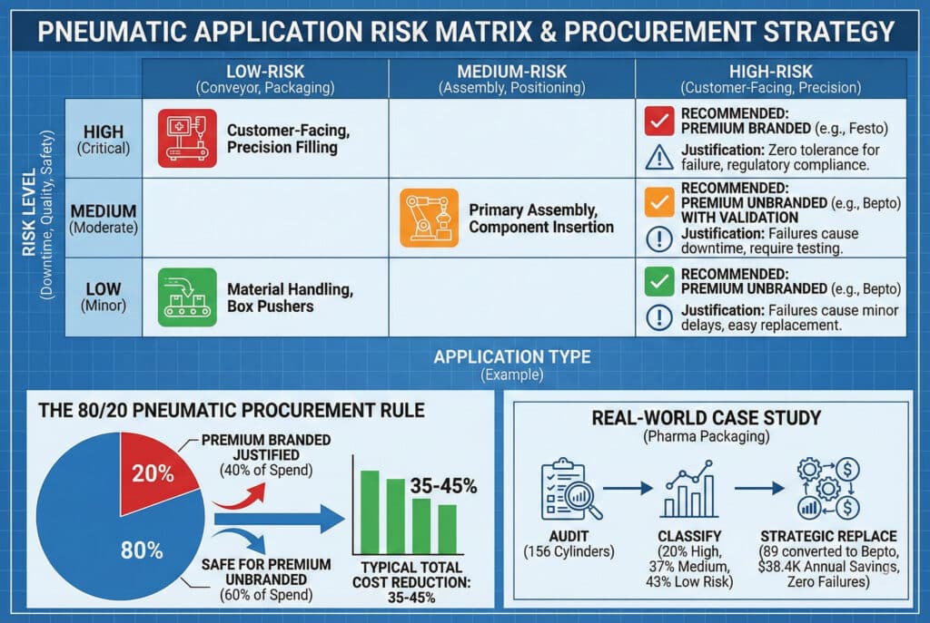 Uma infografia abrangente intitulada 'Matriz de risco de aplicações pneumáticas e estratégia de aquisição'. Apresenta uma matriz de risco que visualiza aplicações de baixo, médio e alto risco com recomendações para componentes de marca de primeira qualidade ou sem marca. Abaixo está um gráfico de pizza ilustrando a 'Regra de aquisição pneumática 80/20' e um fluxograma detalhando um 'Estudo de caso do mundo real' de economia de custos por meio de substituição estratégica.
