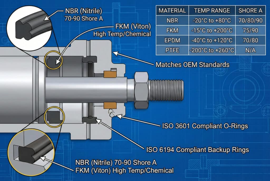 תרשים חתך טכני של מערכת איטום צילינדר פנאומטי. תצוגות מוגדלות מדגישות את הפרופיל של אטמי הבוכנה והמוט, המסומנים כ-"NBR (ניטריל) 70-90 Shore A" ו-"FKM (ויטון) טמפרטורה גבוהה/כימיקלים". טבלה המפרטת את תכונות החומרים (NBR, FKM, EPDM, PTFE) עם טווחי הטמפרטורה שלהם וקשיות Shore A. ההערות מציינות עמידה בתקני OEM, ISO 3601 עבור O-rings ו-ISO 6194 עבור טבעות גיבוי.