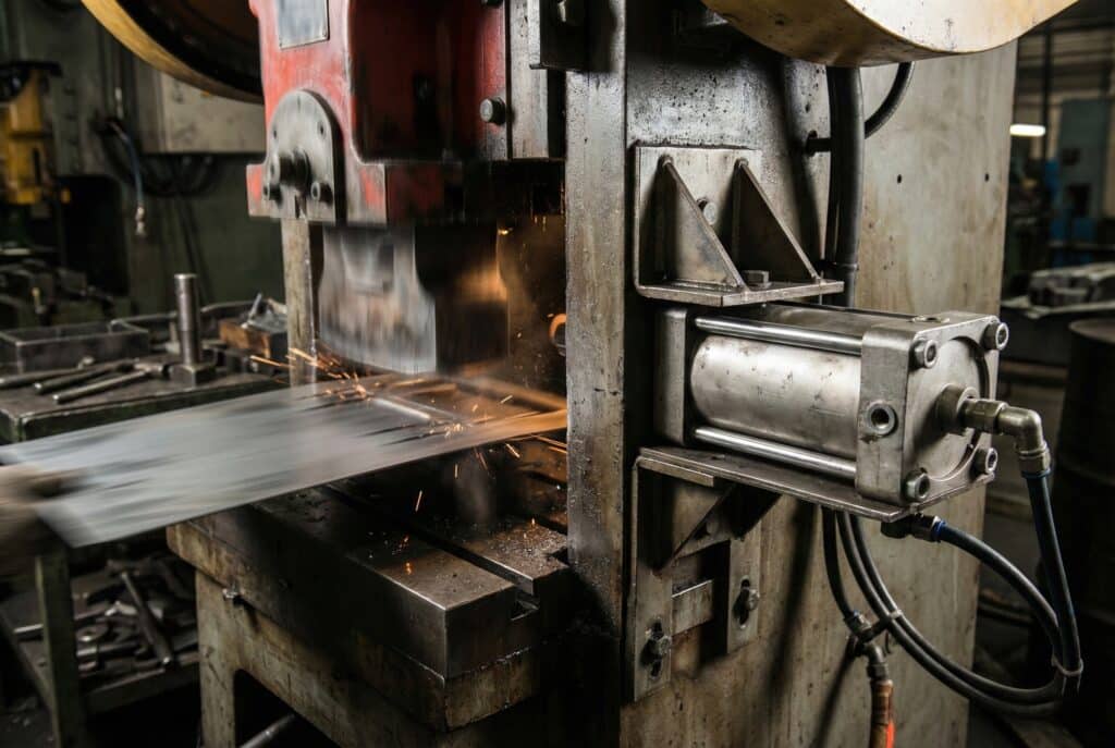 Krupni plan robusne metalne preše za štancanje u radu, s iskricama koje lete, prikazujući snažan pneumatski cilindar montiran na mašini.