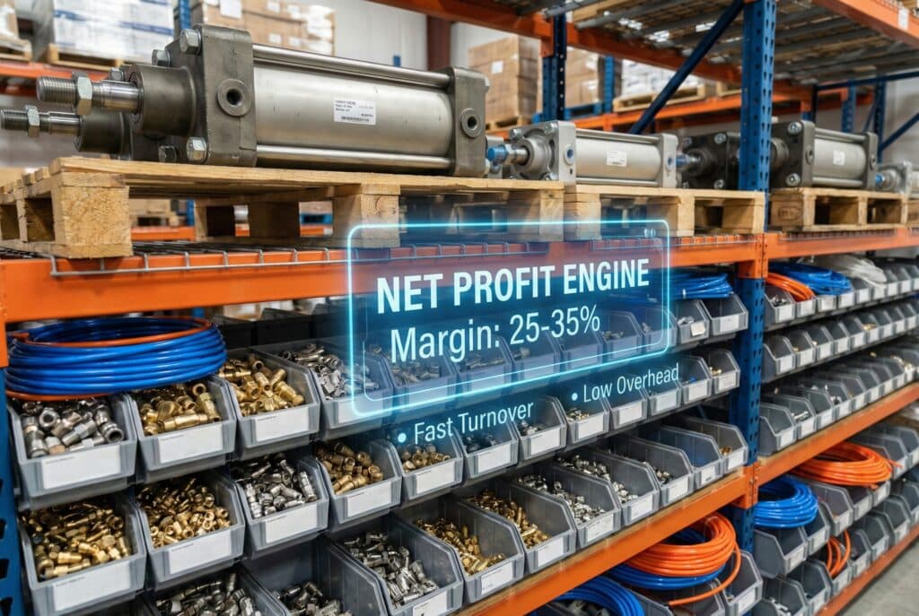 ภาพถ่ายของชั้นวางในคลังสินค้าที่แสดงถังจัดเก็บอุปกรณ์และท่อลมที่มีแผ่นซ้อนทับแบบโฮโลกราฟิกดิจิทัลซึ่งเน้นให้เห็นว่าเป็น "เครื่องจักรสร้างกำไรสุทธิ" พร้อมข้อความ "อัตรากำไร: 25-35%" ในพื้นหลังมีกระบอกสูบขนาดใหญ่แสดงให้เห็นการเปรียบเทียบที่ทำในข้อความ.