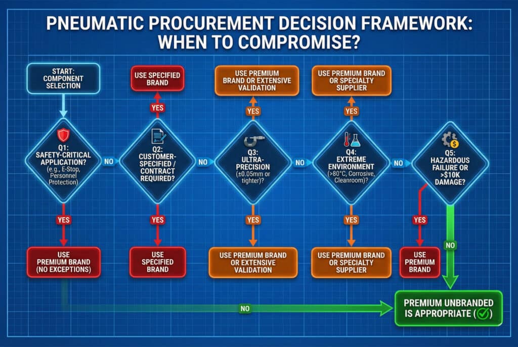Um fluxograma técnico intitulado 'QUADRO DE DECISÃO DE AQUISIÇÃO PNEUMÁTICA: QUANDO FAZER COMPROMISSOS?'. Mostra um processo de decisão em cinco etapas com questões em forma de diamante relativas à segurança, especificações do cliente, precisão, ambiente e consequências de falhas. Os caminhos 'SIM' conduzem a nós vermelhos ou cor de laranja 'UTILIZAR MARCA PREMIUM', enquanto o caminho final 'NÃO' conduz a um nó verde 'PREMIUM SEM MARCA É APROPRIADO'.
