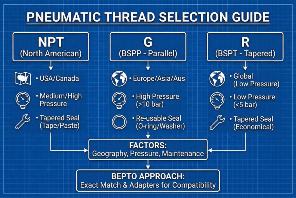 Shematski dijagram u stilu nacrta koji detaljno prikazuje postupak odabira pneumatskih niti NPT, G (BSPP) i R (BSPT) na temelju geografske lokacije, razina tlaka sustava i zahtjeva za brtvljenje, a završava Bepto pristupom kompatibilnosti.