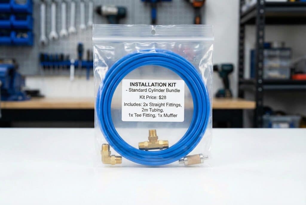 ภาพถ่ายระยะใกล้ของชุดติดตั้งสำเร็จรูป "ชุดติดตั้ง - ชุดกระบอกมาตรฐาน" ในถุงพลาสติกใส ภายในประกอบด้วยท่อสีน้ำเงิน ข้อต่อทองเหลือง และท่อเก็บเสียง ฉลากบนบรรจุภัณฑ์แสดงรายการอุปกรณ์ภายในชุดและราคา $28 อย่างชัดเจน ซึ่งแสดงให้เห็นกลยุทธ์การรวมชุดสินค้าที่อธิบายไว้ในเนื้อหา.