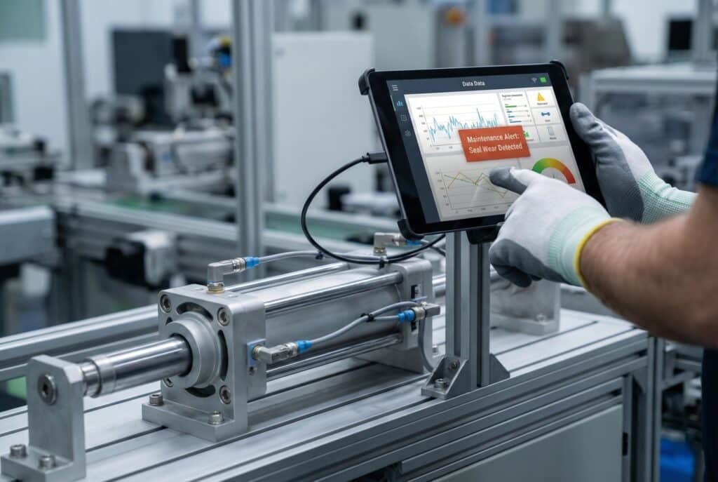 ภาพถ่ายระยะใกล้ของกระบอกสูบนิวแมติกบนสายการผลิตในโรงงาน ซึ่งเชื่อมต่อกับเซ็นเซอร์และแท็บเล็ตที่แสดงข้อมูลการบำรุงรักษาเชิงพยากรณ์แบบเรียลไทม์พร้อมการแจ้งเตือน "ตรวจพบการสึกหรอของซีล" เพื่อแสดงถึงการป้องกันการหยุดทำงานที่ไม่คาดคิด.