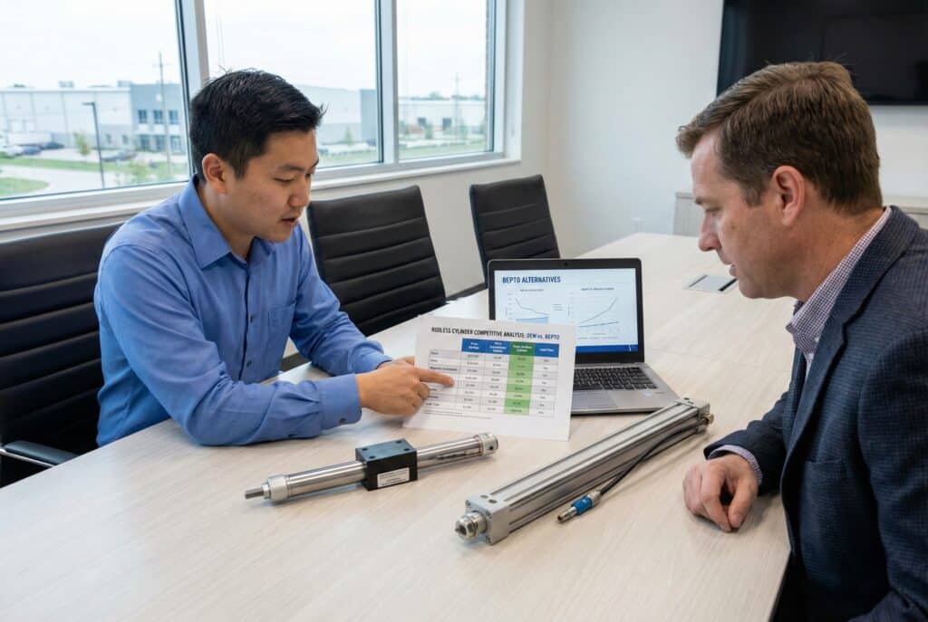 מהנדס מכירות ממזרח אסיה מציג ללקוח בחדר ישיבות תרשים ניתוח תחרותי של צילינדרים ללא מוט, ומדגיש את החיסכון בעלויות באמצעות דוגמאות מוצרים פיזיות ומצגת במחשב נייד.