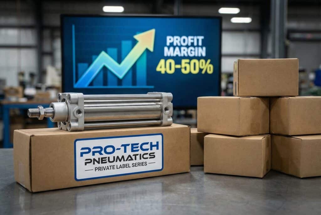 צילינדר פנאומטי בקופסה עם תווית מותאמת אישית "PRO-TECH PNEUMATICS" מונח על שולחן עבודה, בניגוד לקופסאות גנריות. ברקע, צג מציג גרף "PROFIT MARGIN 40-50%", הממחיש את היתרונות של תווית פרטית.