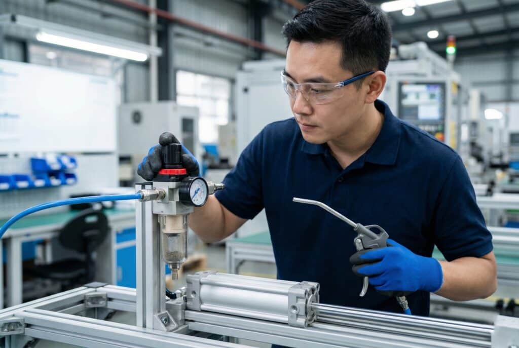 ช่างเทคนิคซ่อมบำรุงชาวเอเชียตะวันออก สวมแว่นตานิรภัย กำลังตรวจสอบชุดกรอง-ควบคุมแรงดันอากาศแบบนิวเมติก และถือปืนเป่าลมอัดขณะทำการตรวจสอบบำรุงรักษาเชิงป้องกันตามปกติ ภายในโรงงานอุตสาหกรรมที่สะอาด.