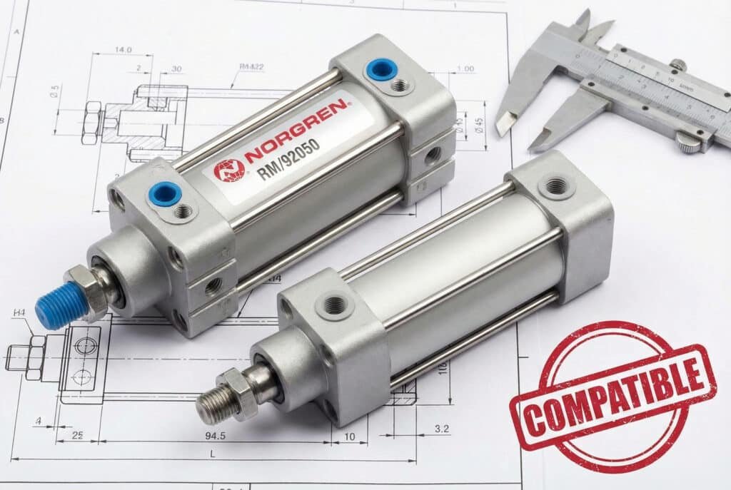 A side-by-side comparison photograph of a branded Norgren RM/92050 pneumatic cylinder and an equivalent generic ISO standard cylinder resting on technical engineering blueprints. A red "COMPATIBLE" rubber stamp mark indicates their physical interchangeability, supported by a caliper in the background.