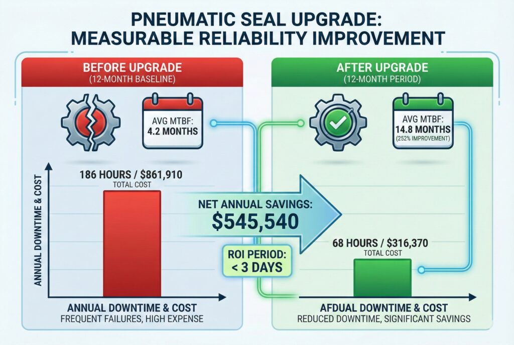 อินโฟกราฟิกที่แสดงภาพการปรับปรุงความน่าเชื่อถือที่สามารถวัดได้จากการอัปเกรดซีลนิวเมติก แสดงส่วน "ก่อนอัปเกรด" ที่มีค่า MTBF 4.2 เดือน และต้นทุนรวม $861,910 เทียบกับส่วน "หลังอัปเกรด" ที่มีค่า MTBF 14.8 เดือน และต้นทุนรวม $316,370ลูกศรขนาดใหญ่เน้นการประหยัดรายปีสุทธิ $545,540 และระยะเวลาคืนทุนน้อยกว่า 3 วัน.