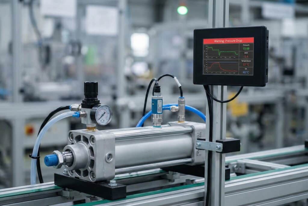 ภาพถ่ายระยะใกล้ของกระบอกสูบนิวแมติกบนสายการประกอบอุตสาหกรรม ซึ่งติดตั้งเซ็นเซอร์และหน้าจอแสดงผลดิจิทัล หน้าจอแสดงข้อความเตือนสีแดง "ระวัง: แรงดันลดลง" ซึ่งแสดงถึงการตรวจสอบตัวชี้วัดประสิทธิภาพหลักเพื่อสุขภาพของชิ้นส่วน.