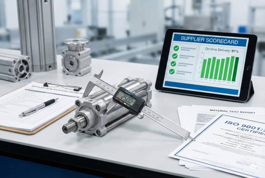 Fotografia de uma estação de trabalho de controlo de qualidade para avaliar fornecedores pneumáticos sem marca. Mostra um paquímetro digital a medir um cilindro pneumático, um tablet que apresenta um 'Cartão de pontuação do fornecedor' com dados de desempenho e uma pilha de documentos, incluindo um 'Certificado ISO 9001:2015' e um 'Relatório de teste de materiais'. Uma 'Lista de verificação de qualificação do fornecedor' está numa prancheta.