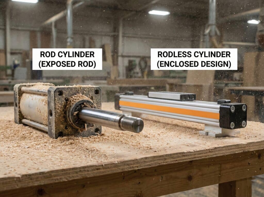 ภาพถ่ายเปรียบเทียบแบบเคียงข้างกันในร้านงานไม้ที่มีฝุ่นจับ บนด้านซ้าย มีชิ้นส่วนที่ติดป้ายว่า "กระบอกสูบพร้อมแกน (แบบเปิด)" ซึ่งมีฝุ่นไม้เกาะหนาบนก้านลูกสูบที่ยื่นออกมา ส่วนด้านขวา มีชิ้นส่วนที่ติดป้ายว่า "กระบอกสูบไร้แกน (แบบปิด)" ซึ่งมีตัวกระบอกที่ปิดสนิทและยังคงสะอาด แสดงให้เห็นถึงความทนทานต่อการปนเปื้อนที่เหนือกว่าในสภาพแวดล้อมเดียวกัน.