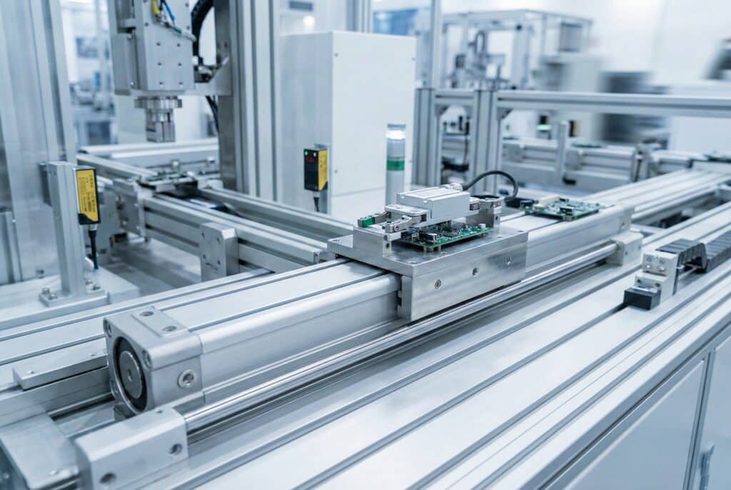 צילינדר פנאומטי ללא מוט עם מנגנון נשיאה חיצוני מעביר מעגל מודפס לאורך פס ייצור אוטומטי במפעל ייצור נקי ומתקדם טכנולוגית.