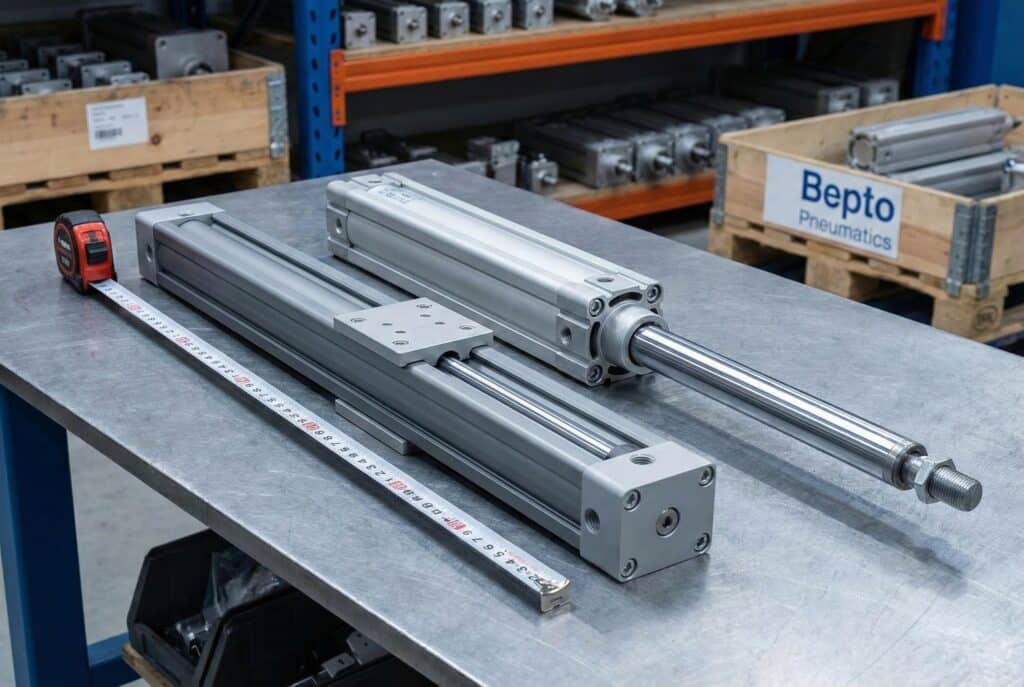 Poredana usporedba na radnom stolu koja prikazuje cilindar bez klipa i standardni pneumatski cilindar s ispruženim klipom, uz metar. U pozadini se nalazi drvena paleta s plavim i tamnosivim logotipom "bepto".