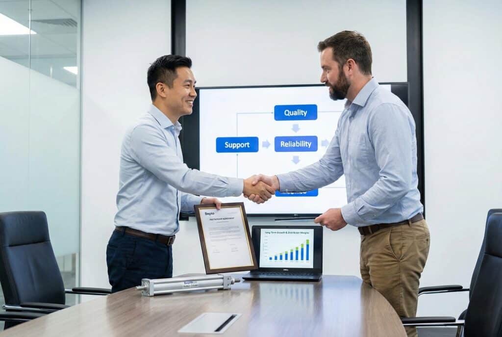 ตัวแทนผู้จัดจำหน่ายจากเอเชียตะวันออกและผู้จัดจำหน่ายจากตะวันตกจับมือกันเหนือข้อตกลงความร่วมมือที่มีกรอบรูปและแล็ปท็อปที่แสดงอัตรากำไรจากการเติบโต ซึ่งแสดงให้เห็นถึงพันธมิตรระยะยาวที่ประสบความสำเร็จซึ่งสร้างขึ้นบนพื้นฐานของคุณภาพ ความน่าเชื่อถือ และการสนับสนุนซึ่งกันและกัน.