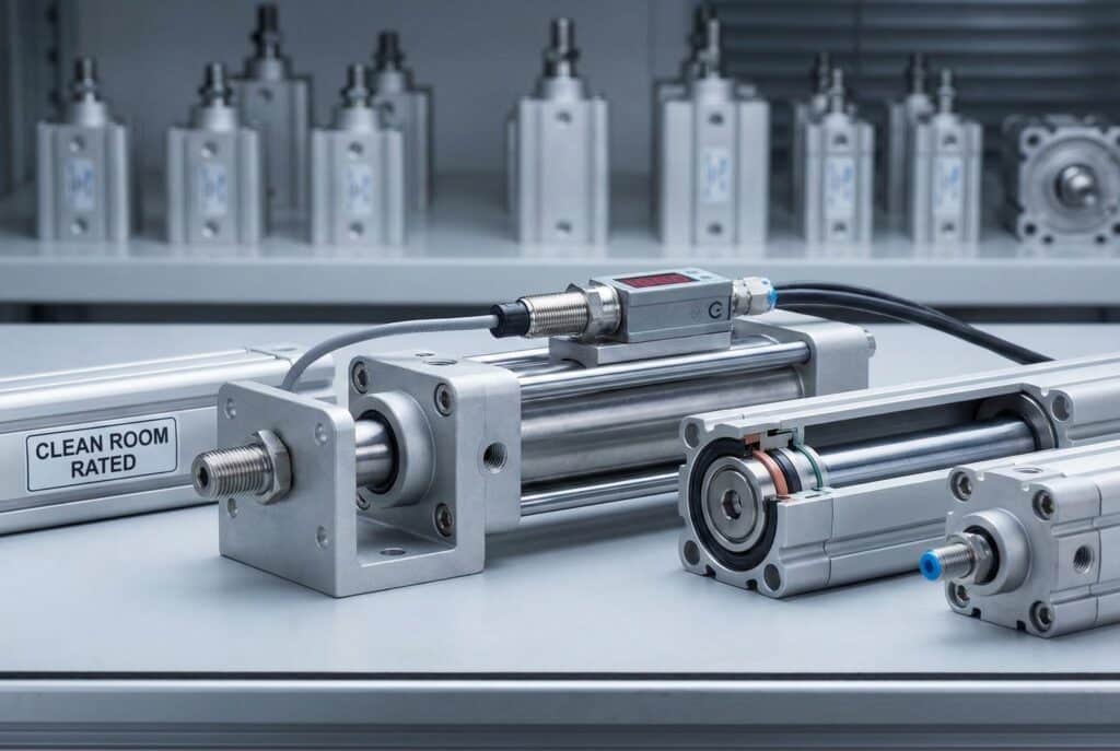 ภาพถ่ายระยะใกล้ของชิ้นส่วนนิวแมติกส์เฉพาะทางที่มีอัตรากำไรสูง ประกอบด้วยกระบอกสูบที่มีเซ็นเซอร์ดิจิทัลในตัว อีกชิ้นหนึ่งมีป้ายระบุว่า "CLEAN ROOM RATED" และภาพตัดขวางที่แสดงให้เห็นระบบซีลภายในที่เป็นกรรมสิทธิ์เฉพาะ ซึ่งแตกต่างจากชิ้นส่วนมาตรฐานทั่วไปที่อยู่ในพื้นหลัง.