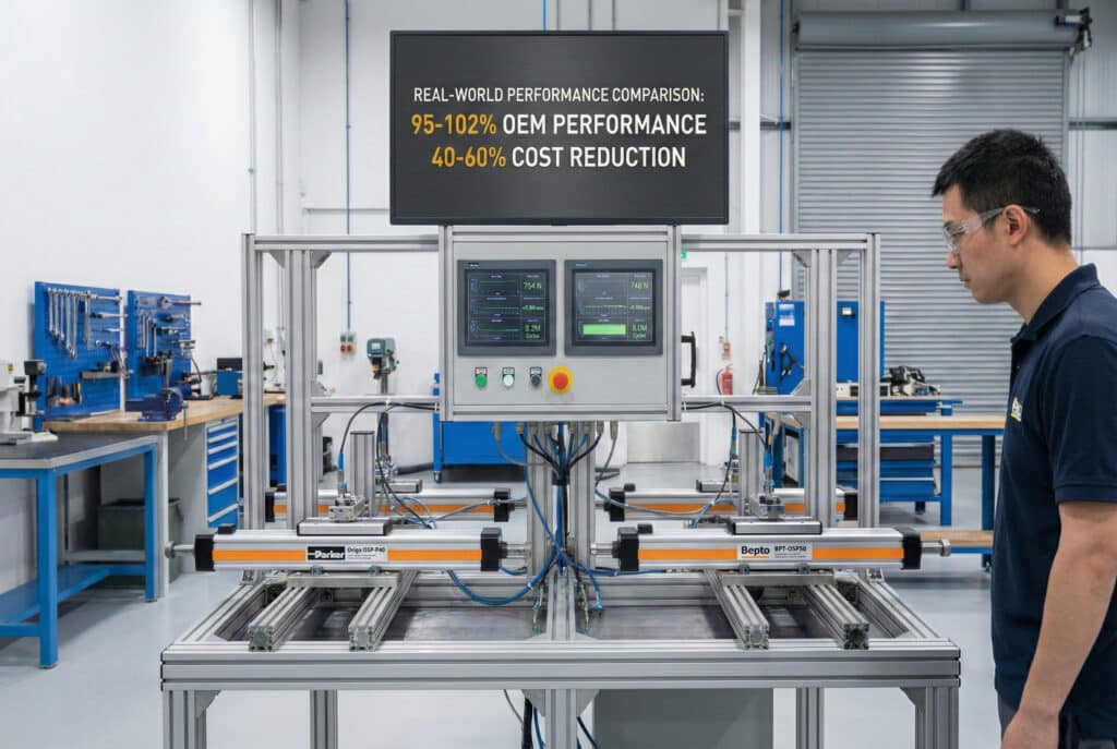 Inženjer s zaštitnim naočalama promatra industrijski testni uređaj postavljen jedan pored drugog, uspoređujući Parker Origa cilindar bez klipa (lijevo) i alternativni cilindar Bepto BPT-OSP50 (desno). Digitalni kontrolni zasloni prikazuju slične podatke o performansama u stvarnom vremenu, a veliki nadsvjesni monitor ističe tekst "USPOREDBA PERFORMANSI U STVARNOM SVIJETU: 95-102% OEM PERFORMANSE 40-60% SMANJENJE TROŠKOVA".