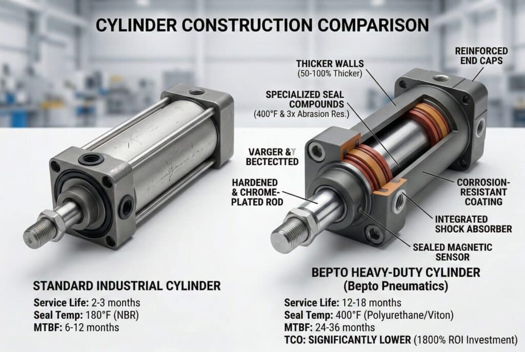 ภาพถ่ายเปรียบเทียบแบบเคียงข้างกันนี้แสดงให้เห็นถึงความแตกต่างอย่างชัดเจนในด้านการก่อสร้างระหว่างกระบอกสูบอุตสาหกรรมมาตรฐาน (ซ้าย) และกระบอกสูบนิวเมติก Bepto สำหรับงานหนัก (ขวา)มันเน้นให้เห็นอย่างชัดเจนถึงผนังที่หนาของกระบอกสูบที่ออกแบบมาเพื่อการใช้งานหนัก ซีลโพลียูรีเทน/วิทอนที่ทนต่ออุณหภูมิสูงและสารขัดถูได้เป็นพิเศษ แกนที่ชุบโครเมียมแข็ง และการดูดซับแรงกระแทกแบบบูรณาการ ซึ่งทั้งหมดนี้ช่วยยืดอายุการใช้งานให้ยาวนานขึ้นอย่างมากและลดต้นทุนการเป็นเจ้าของโดยรวมได้อย่างมีนัยสำคัญตามที่อธิบายไว้ในบทความ.