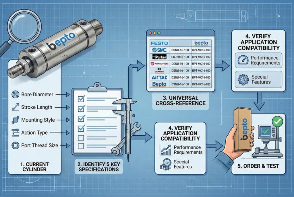 A five-step technical infographic diagram with a blueprint background illustrates the cross-reference process for pneumatic cylinders. It begins with an old Bepto cylinder being examined, flows through identifying five key specifications on a clipboard, uses a cross-reference chart matching various brands to a Bepto equivalent, verifies compatibility with performance icons, and concludes with ordering a new Bepto cylinder and testing it on a rig.