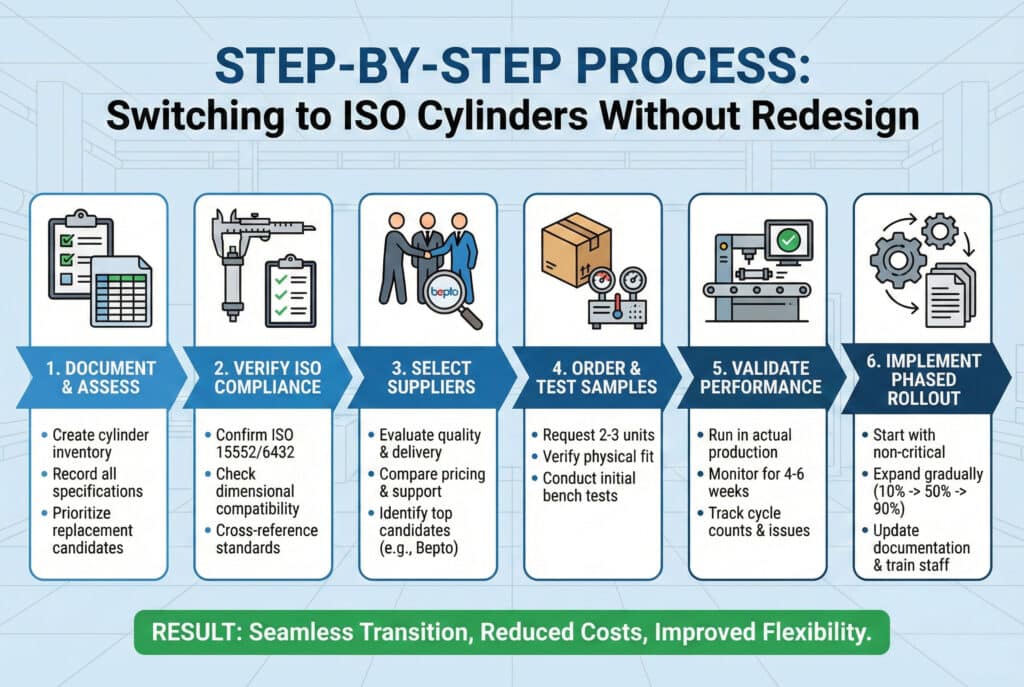 แผนผังขั้นตอนแบบอินโฟกราฟิกมืออาชีพ ชื่อว่า "กระบวนการทีละขั้นตอน: การเปลี่ยนไปใช้ถัง ISO โดยไม่ต้องออกแบบใหม่" แผนผังนี้สรุปวิธีการหกขั้นตอน: 1. เอกสารและประเมิน, 2. ตรวจสอบการปฏิบัติตามมาตรฐาน ISO (ยืนยัน ISO 15552/6432), 3.เลือกผู้จัดหา (เช่น Bepto), 4. สั่งซื้อและทดสอบตัวอย่าง, 5. ตรวจสอบประสิทธิภาพ (การติดตามในกระบวนการผลิต), และ 6. ดำเนินการเปิดตัวเป็นระยะ. แผนผังการไหลสิ้นสุดด้วยแบนเนอร์ผลลัพธ์ที่เน้นการเปลี่ยนผ่านที่ราบรื่น, ลดต้นทุน, และเพิ่มความยืดหยุ่น.