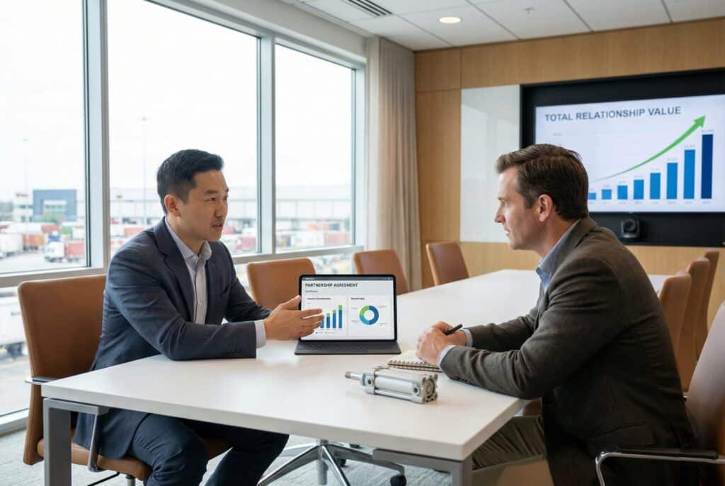 Two businessmen, an East Asian supplier and a Western buyer, discuss a partnership agreement and total relationship value charts in a modern conference room with a pneumatic cylinder on the table.