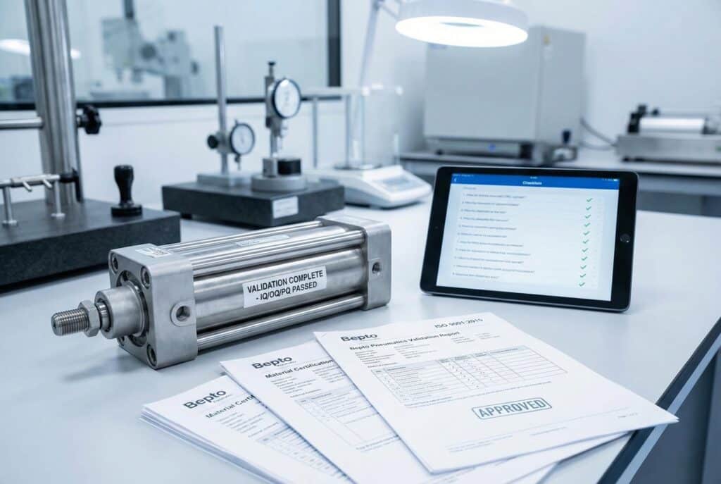 A Bepto pneumatic cylinder labeled "VALIDATION COMPLETE - IQ/OQ/PQ PASSED" sits on a lab bench alongside approved validation documentation and a tablet displaying a completed checklist, illustrating successful regulatory compliance.