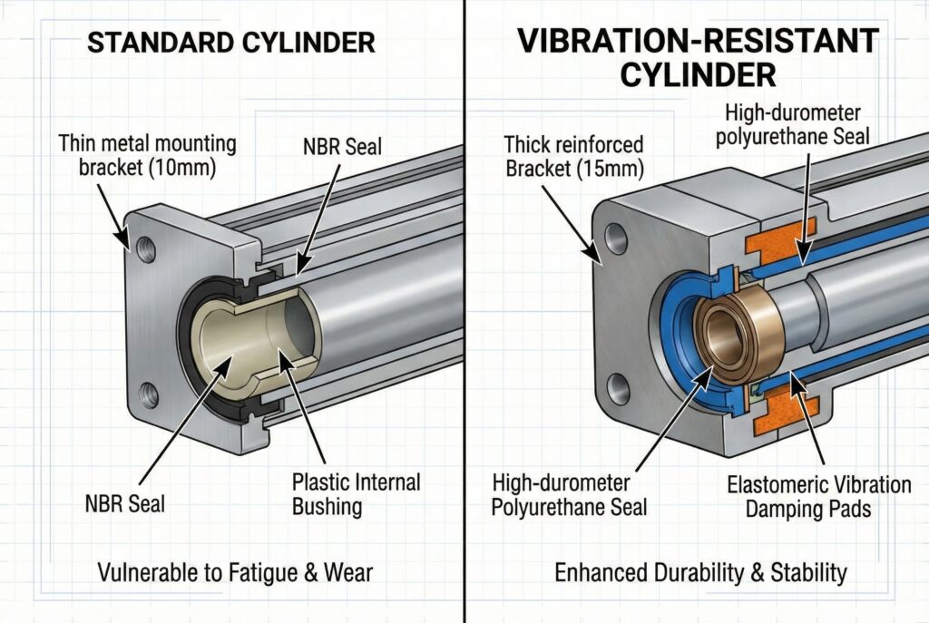 Tehnički dijagram za poređenje standardnog pneumatskog cilindra sa tankim nosačima za montažu i NBR zaptivkama i vibracijski otpornog cilindra sa debelim ojačanim nosačima, poliuretanskim zaptivkama visokog durometra i elastomernim prigušnim jastučićima, ističući poboljšanja u trajnosti.