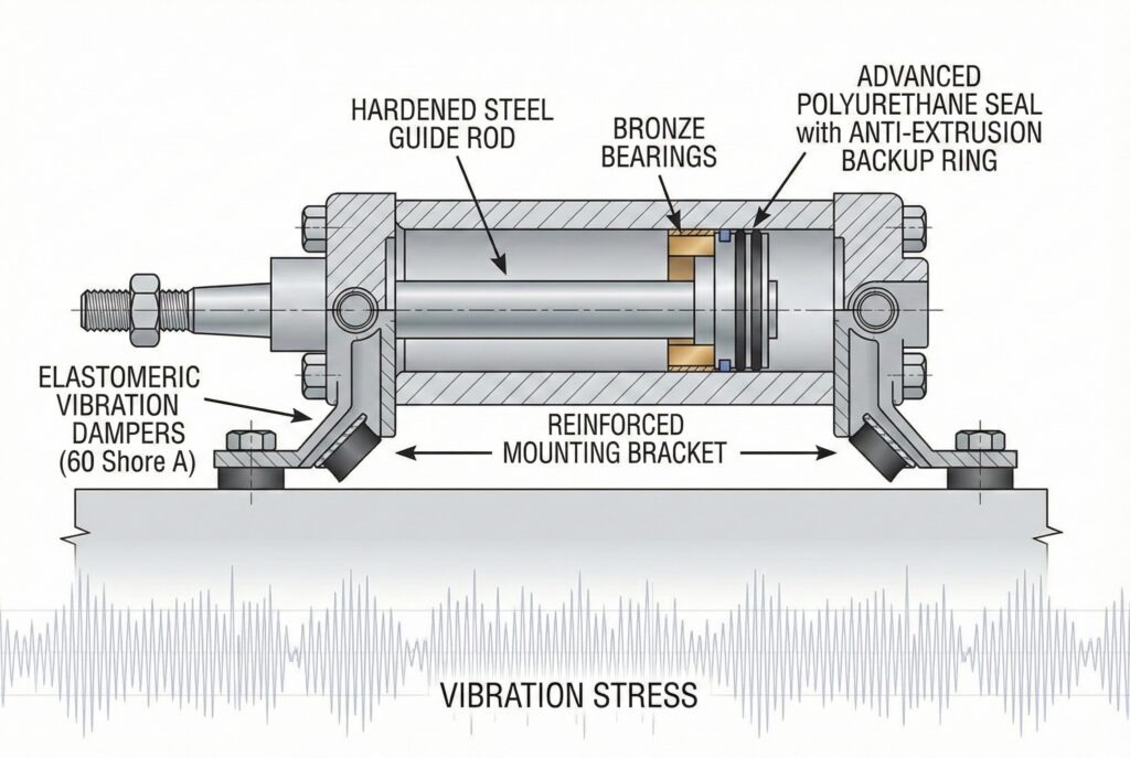 Tehnička poprečna ilustracija pneumatskog cilindra modificiranog za otpornost na vibracije, ističući ključne karakteristike kao što su elastomerni prigušivači vibracija na montažnim nogama, ojačani nosač za montažu, vodilica od kaljenog čelika, bronzane ležajeve i napredna poliuretanska brtva s prstenom za podršku protiv ekstruzije. Ispod cilindra prikazana je grafika valovitog oblika s natpisom "VIBRATION STRESS".