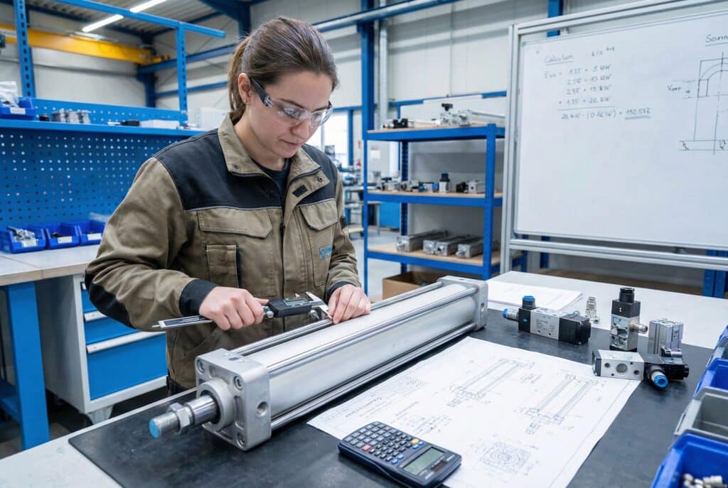 วิศวกรหญิงฝ่ายแอปพลิเคชัน ซึ่งเป็นตัวแทนความเชี่ยวชาญทางเทคนิคที่กล่าวถึงในบทความ กำลังใช้คาลิเปอร์ดิจิทัลวัดกระบอกลมในขณะปรึกษาแบบทางเทคนิคและเครื่องคิดเลขในเวิร์กช็อป.