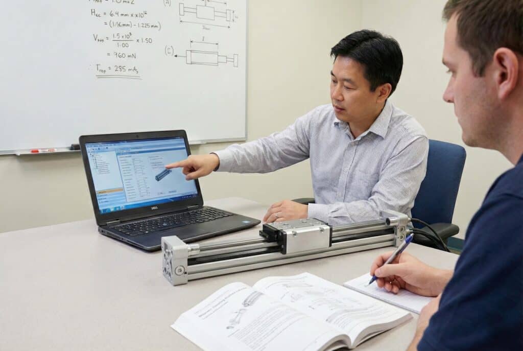 מדריך ממזרח אסיה מצביע על תוכנה למדידת צילינדרים ללא מוט על מחשב נייד במהלך הדרכה טכנית למפיץ, כשעל השולחן מונחים צילינדרים ללא מוט ומדריך הדרכה.