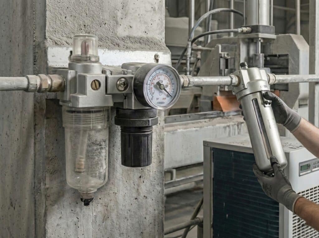 ภาพถ่ายระยะใกล้ในโรงงานอุตสาหกรรมที่มีฝุ่นจับแสดงให้เห็นมือที่สวมถุงมือกำลังติดตั้งชามกรองอากาศแบบนิวแมติกโลหะเข้ากับท่อส่งถัดจากชุดกรอง-ควบคุมแบบผสมที่มีมาตรวัดแรงดันติดตั้งอยู่บนเสาคอนกรีต มีเครื่องจักรหนักมองเห็นอยู่เบื้องหลัง.