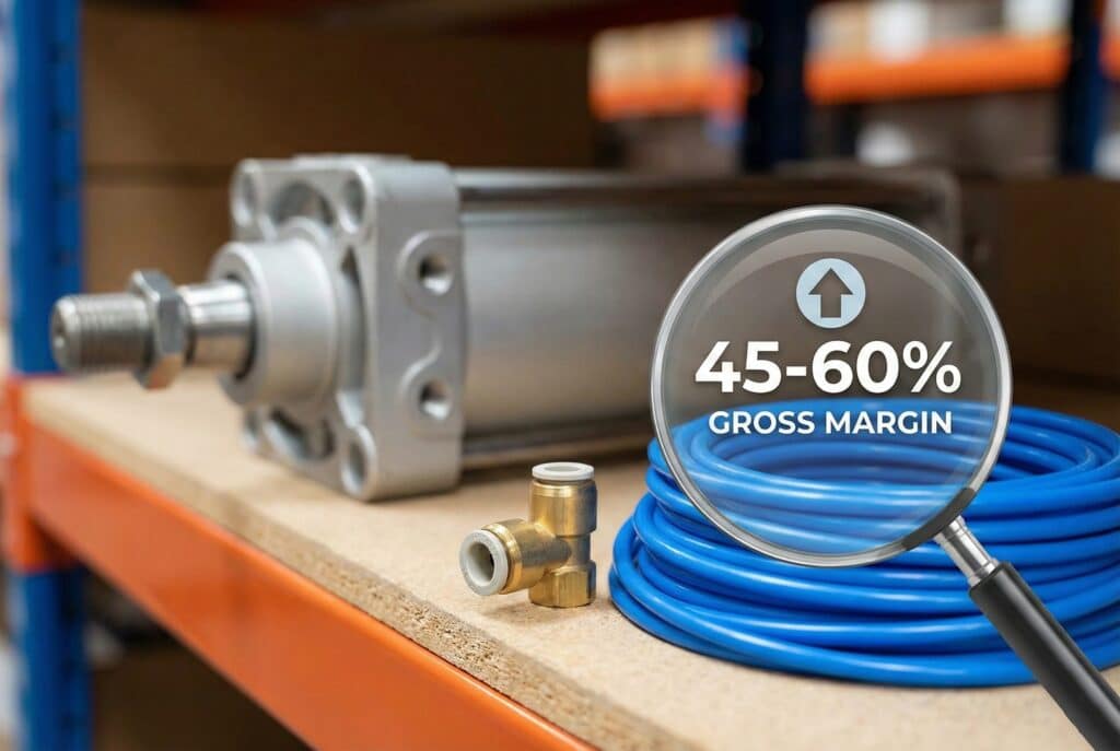 กราฟิกแว่นขยายเน้นย้ำถึงศักยภาพของ "45-60% GROSS MARGIN" ของข้อต่อลมขนาดเล็กและท่อสีน้ำเงินบนชั้นวางในคลังสินค้า โดยเปรียบเทียบกับกระบอกลมขนาดใหญ่ที่อยู่นอกโฟกัสในพื้นหลัง.