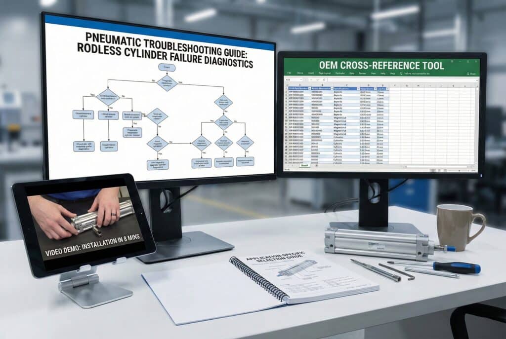 A professional workspace displays four types of high-performing technical content for pneumatic distributors: a troubleshooting guide flowchart and an OEM cross-reference tool on dual monitors, an installation video demonstration on a tablet, and a printed application-specific selection guide on a desk.