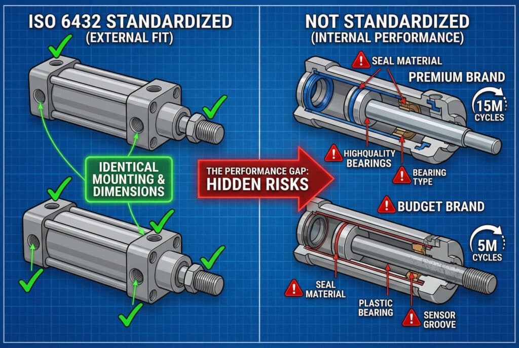 A split-screen technical diagram illustrating the limitations of ISO 6432 interchangeability. The left panel shows identical external mounting dimensions with green checkmarks, labeled "Standardized (External Fit)". The right panel, labeled "Not Standardized (Internal Performance)", uses cutaway views to highlight hidden differences in seals, bearings, and cycle life between premium and budget brands, emphasizing the resulting "Performance Gap" and risks.