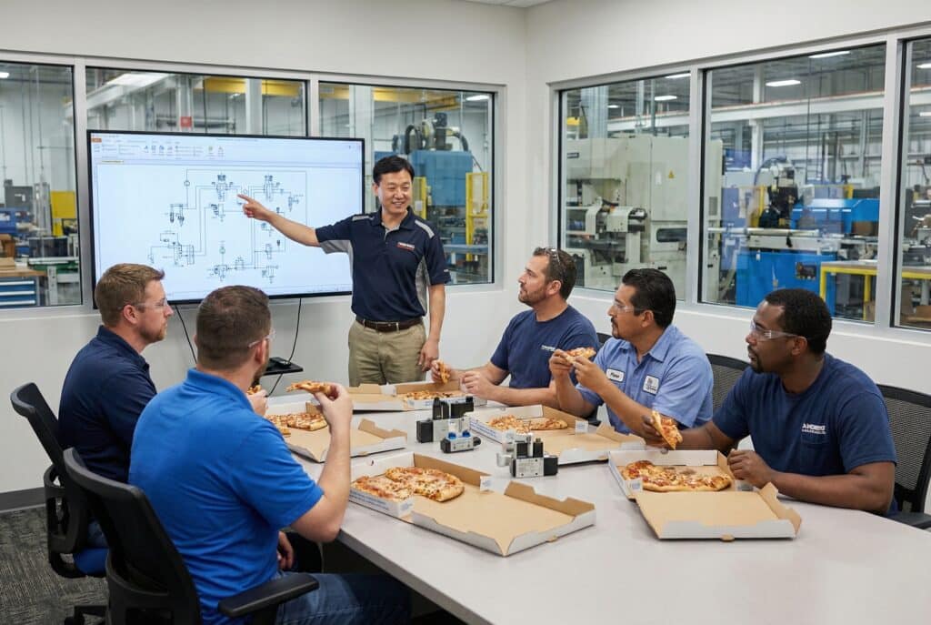 A technical expert conducts an educational lunch-and-learn session with plant staff in a manufacturing facility, demonstrating the highest ROI marketing channel for pneumatic distributors.