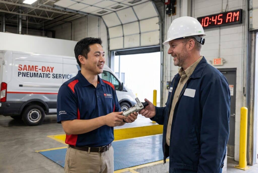 A local distributor representative provides a pneumatic component to a plant manager at a facility loading dock, demonstrating the advantage of same-day service and personal technical support as highlighted by the delivery van in the background.