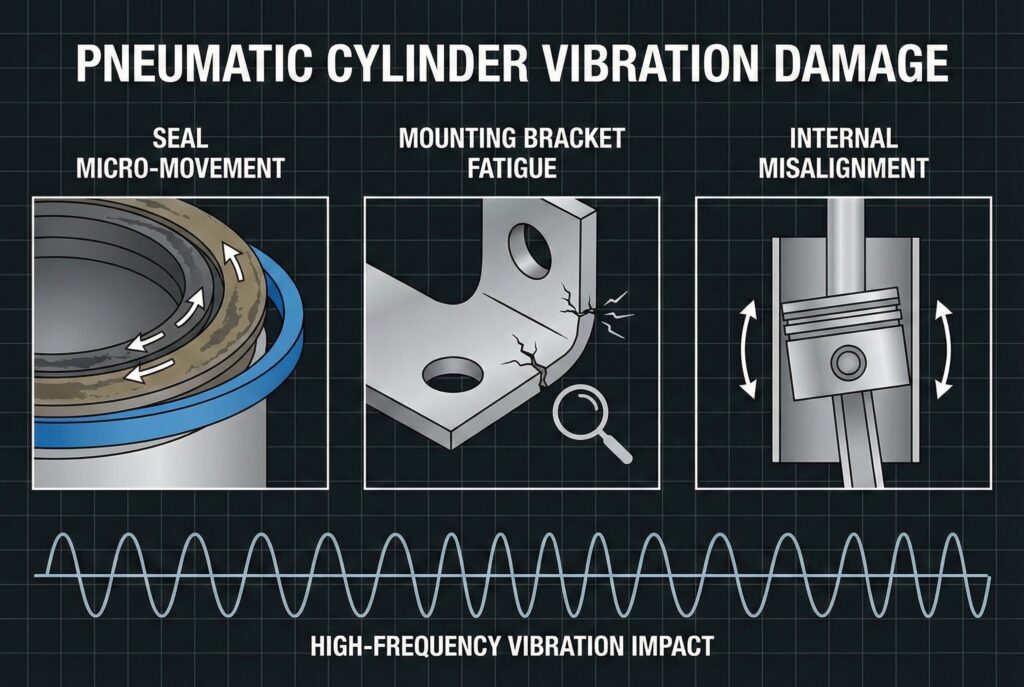 Tehnički dijagram koji ilustrira tri glavna načina otkazivanja uzrokovana vibracijama u pneumatskim cilindarima: degradacija mikro-pokreta brtve, naprsnuće od zamora montažne konzole i neusklađenost unutrašnjih komponenti, sve potaknuto visokofrekventnim udarom vibracija prikazanim u obliku vala ispod.