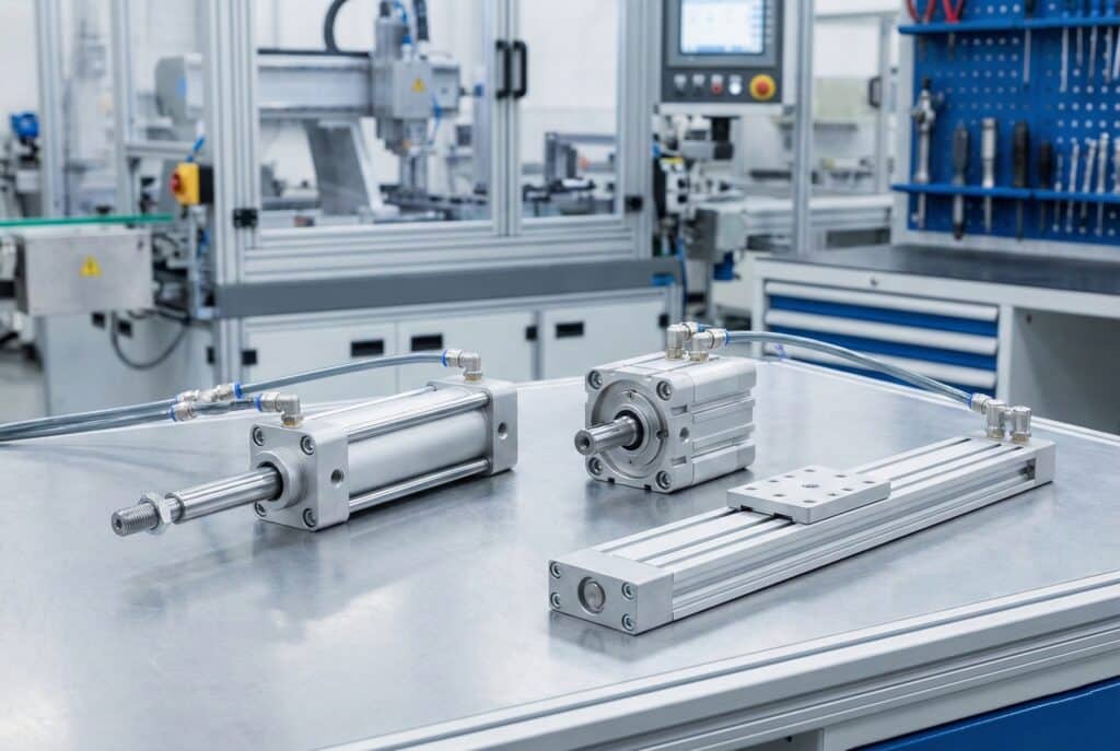 Industrijska fotografija prikazuje tri glavna tipa pneumatskih aktuatora položena na radnom stolu: standardni linearan cilindar s izvučenom klipnjačom, rotacijski aktuator i linearan cilindar klizne cijevi bez klipnjače.
