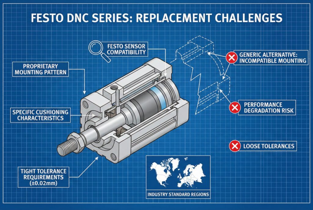 A technical blueprint infographic illustrating the difficulties in replacing Festo DNC series cylinders. A detailed cross-section of a Festo cylinder highlights specific features such as proprietary mounting patterns, specific cushioning characteristics, tight tolerance requirements (±0.02mm), and Festo sensor compatibility. Contrasting elements on the right show generic alternatives with red 'X' marks, indicating incompatible mounting, performance degradation risks, and loose tolerances. A map at the bottom highlights North America and Europe as industry standard regions.