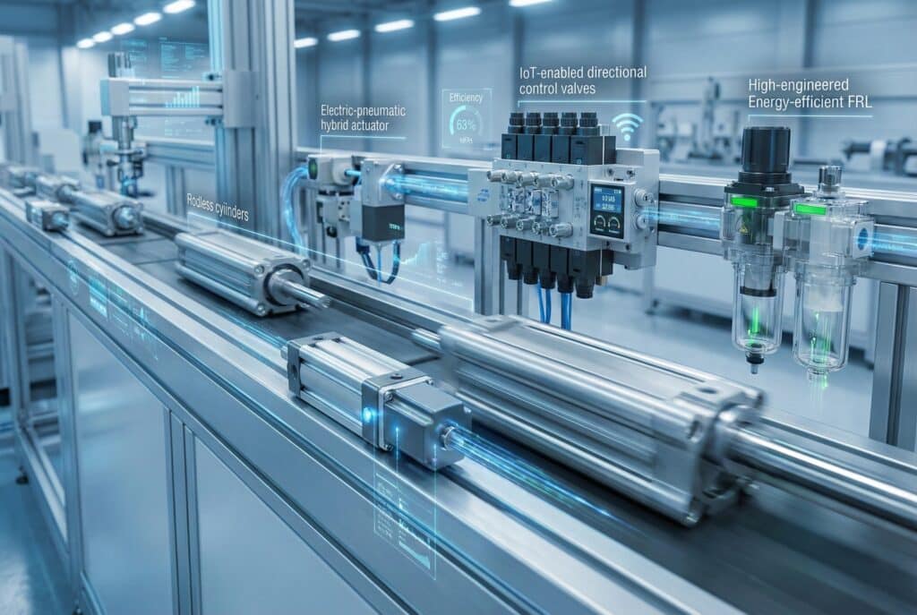 สายการผลิตอัตโนมัติล้ำสมัยที่เน้นชิ้นส่วนนิวแมติกส์ขายดี ได้แก่ กระบอกสูบไร้ก้าน, ตัวกระตุ้นไฮบริดไฟฟ้า-นิวแมติกส์, วาล์วควบคุมทิศทางพร้อมจอแสดงข้อมูลที่รองรับ IoT และชุด FRL ที่ออกแบบทางวิศวกรรมสูงเพื่อประหยัดพลังงาน.